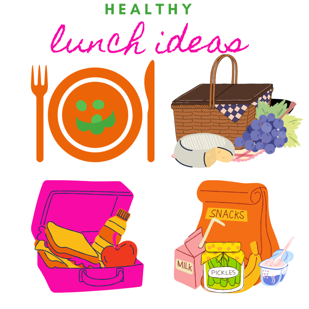 Ideas for healthier school lunches make kids and adults happy with a balanced plate of veggies, fruit, protein, dairy, and carbs.