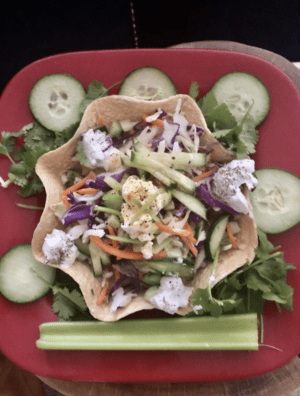 healthy chipotle inspired home baked tortilla salad bowl.