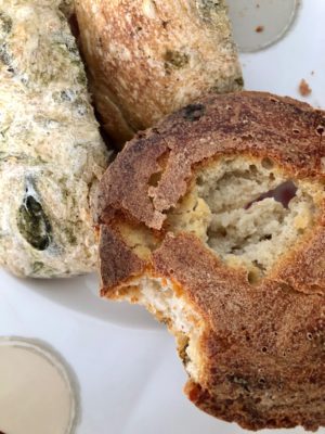 Sourdough bagel made with healthy matcha at home.