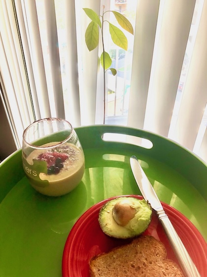 Accumulating healthy points is having an avocado toast and smoothie for breakfast and then planting an avocado seed.