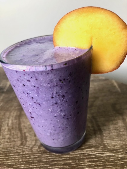 blueberry smoothie with cheesecake flavors for a dessert smoothie.