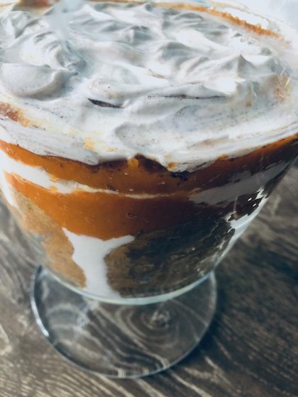 chocolate trifle with healthy yogurt as a topping.