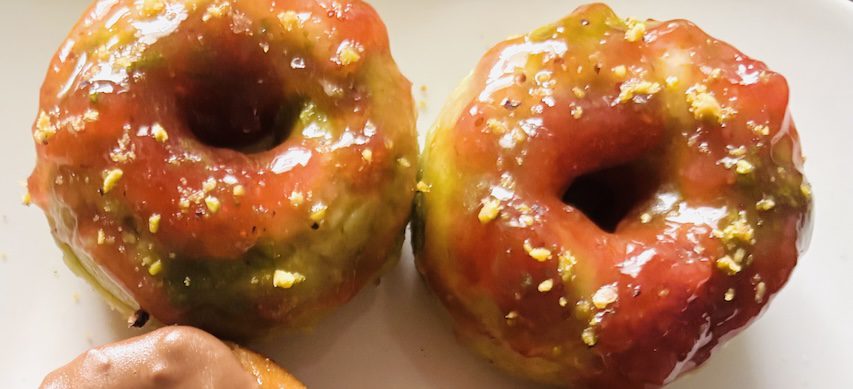 strawberry matcha donut duo on a plate, that are no-bake and healthier desserts.