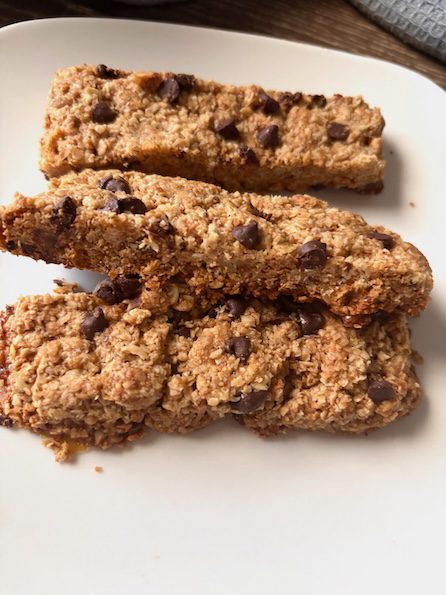 homemade chocolate chip granola bar made with healthy ingredients.
