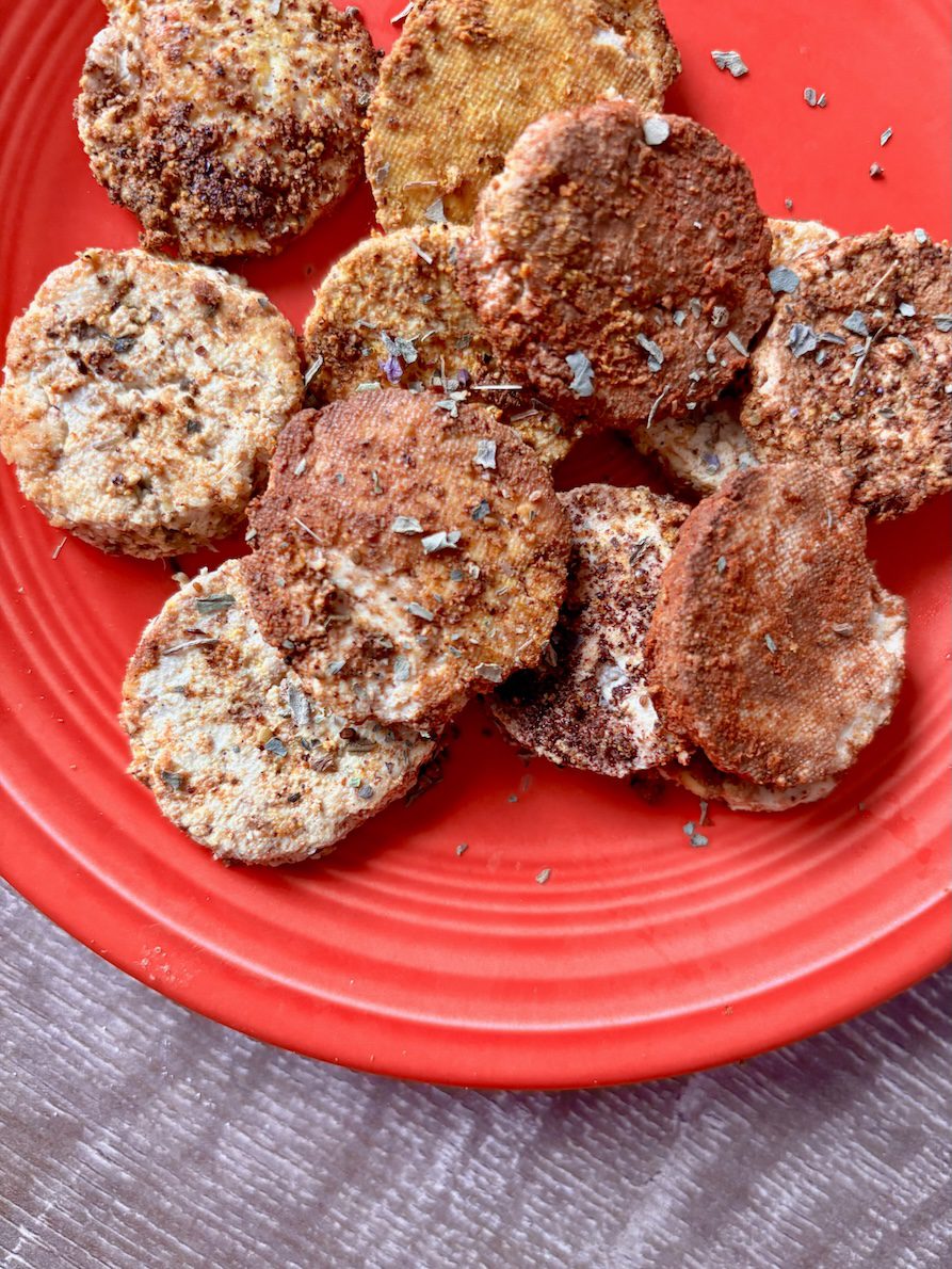 plate of homemade tofu pepperoni for snacking.