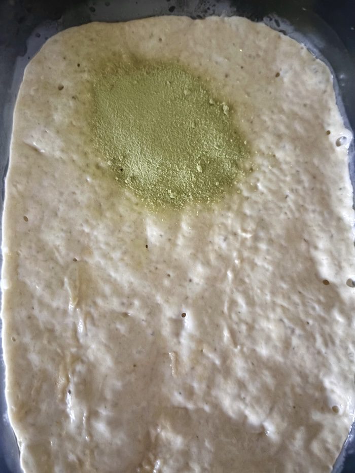 Proofed sourdough with matcha powder.