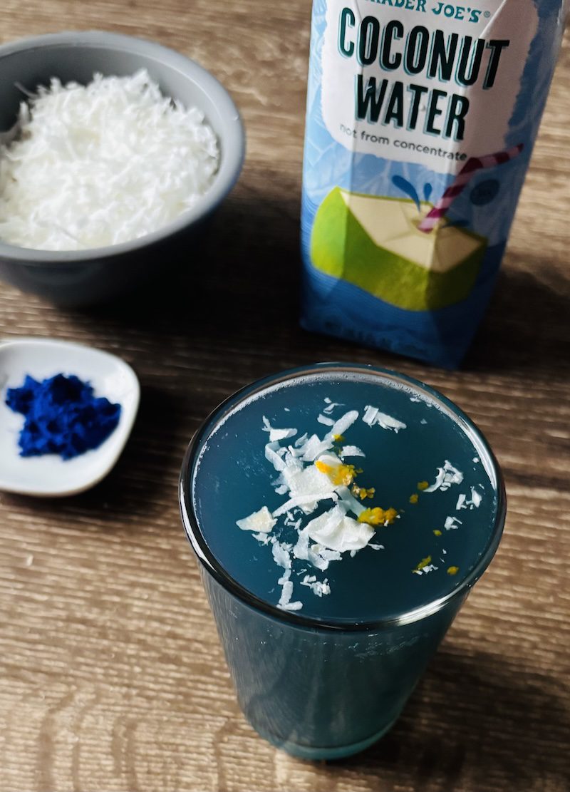 virgin blue curaçao drink ingredients is coconut water, blue spirulina powder, juice, and regular or seltzer water.