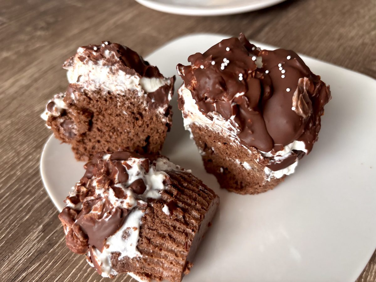 Hi-hat cupcakes on a plate baked, assembled, and ready to eat.