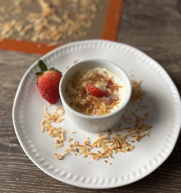 Protein cheese yogurt dessert with toasted unsweetened coconut.